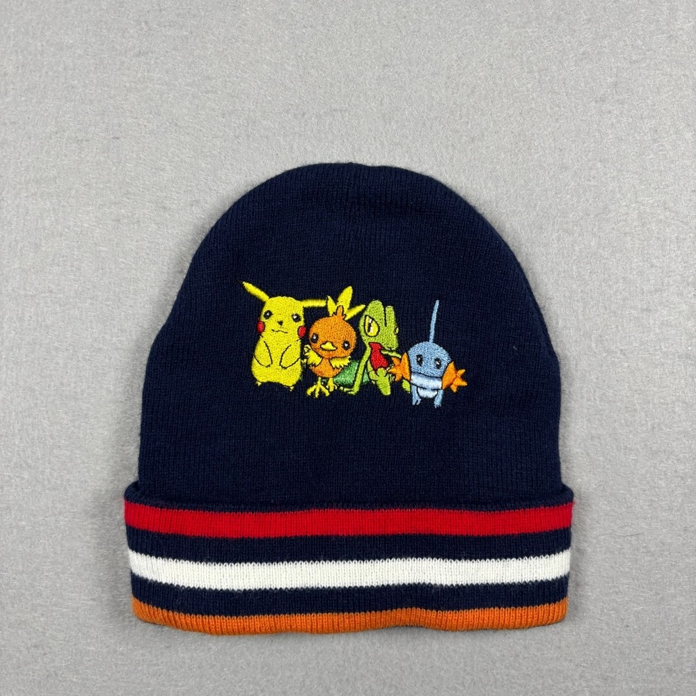 Vintage Pokémon Beanie Hat 2004 Pikachu Torchic Treecko Mudkip Navy Kids Cap